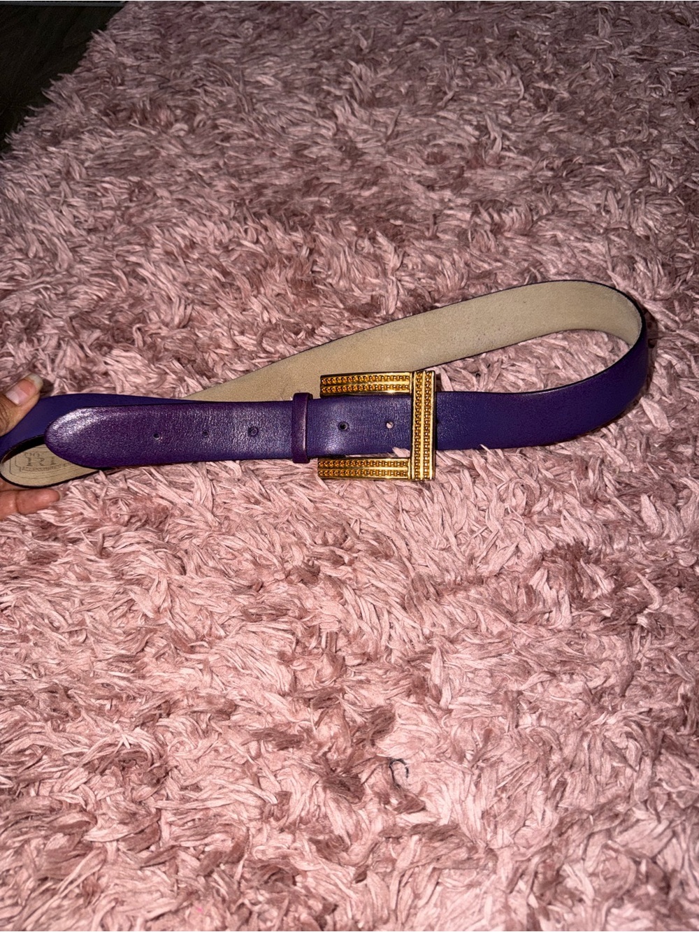 Vintage The Ritz Collection Purple Leather Belt with Gold Statement Buckle